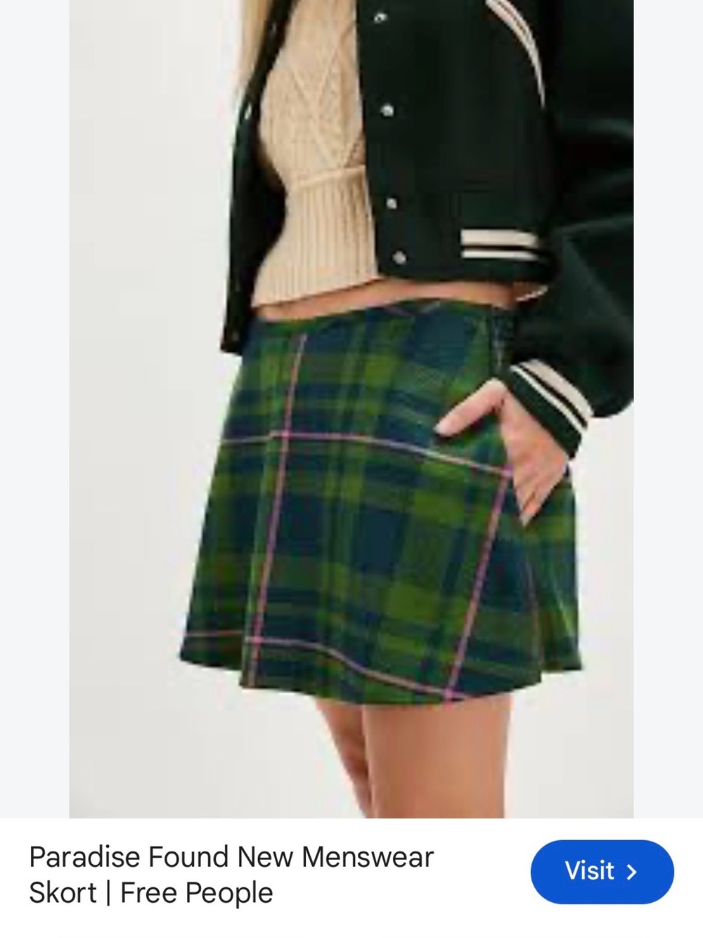 Free People Green and Navy Plaid Mini Skort with Pink Accents
